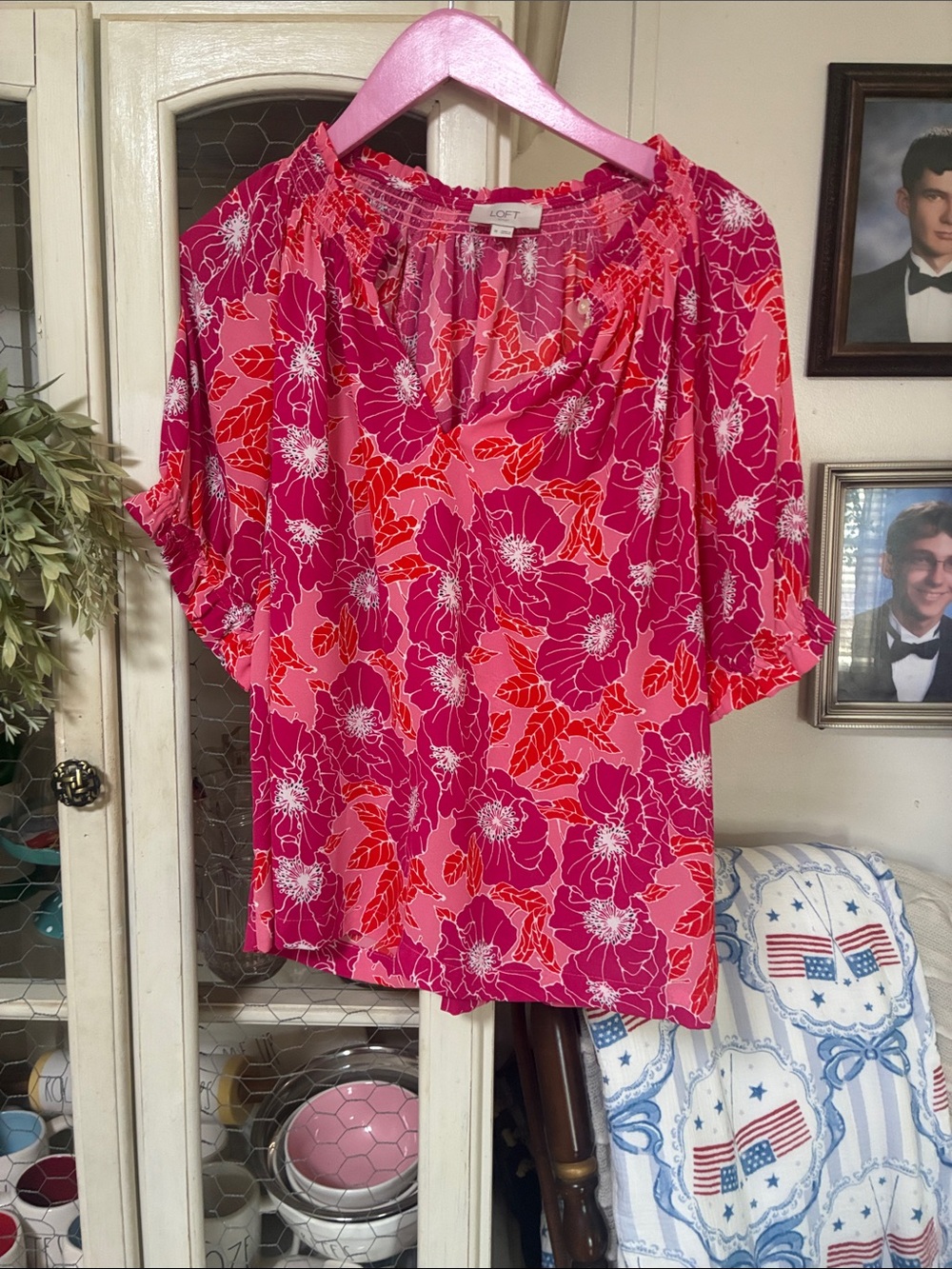 LOFT Pink & Red Floral Peasant Blouse